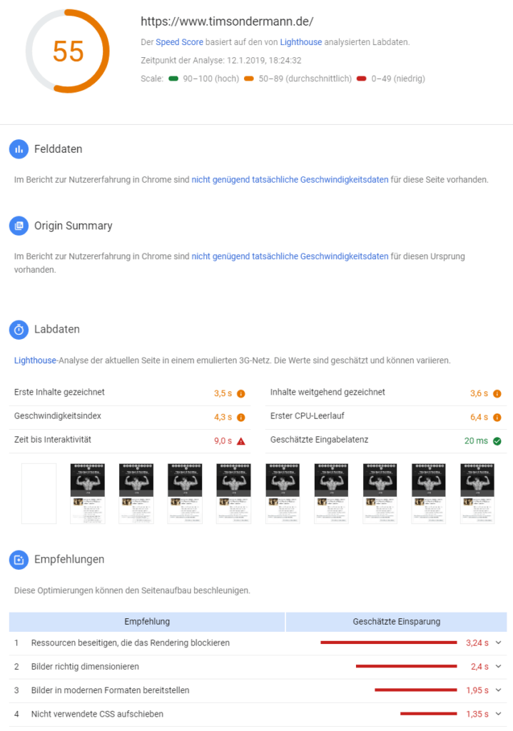 Google Lighthouse Speedtest: Ergebnis für Mobilgeräte mit aktivem WP-Fastest-Cache